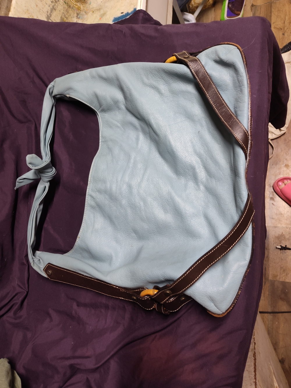Light Blue Leather Hobo Bag with Brown Strap